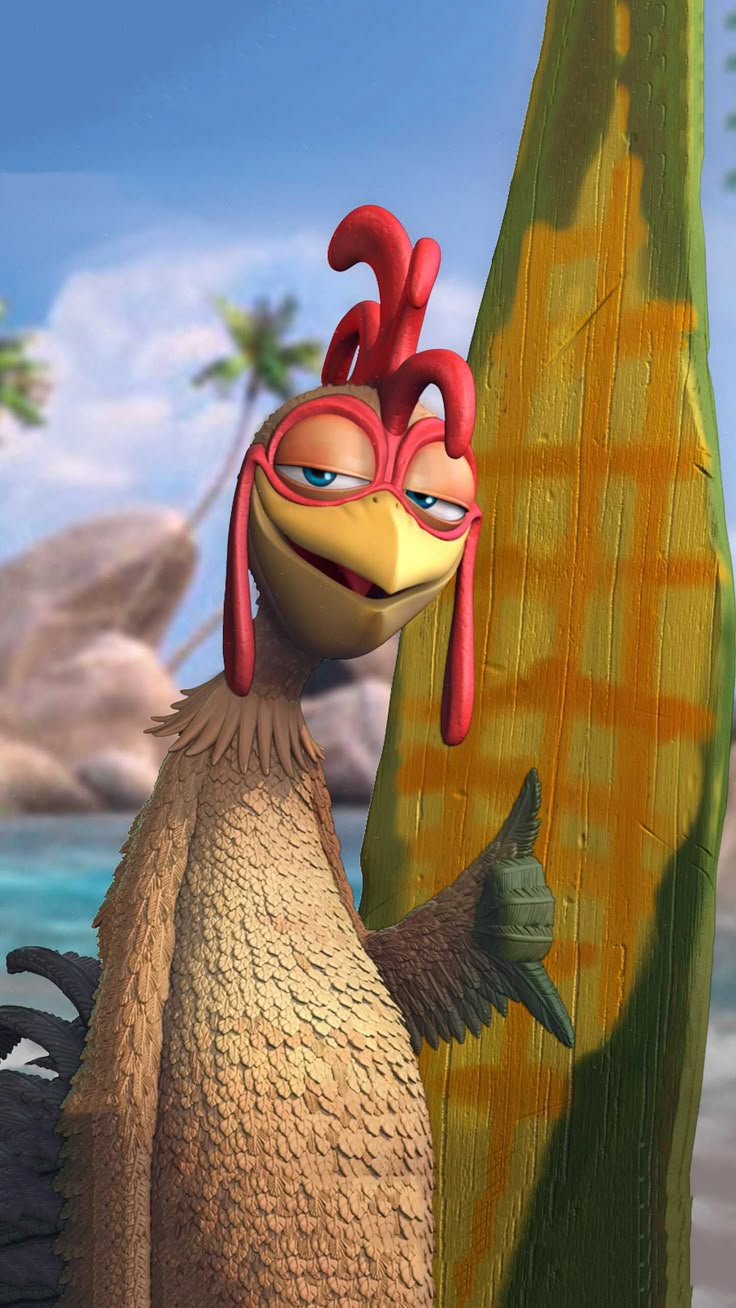 a cartoon chicken standing next to a palm tree on the beach with an angry look