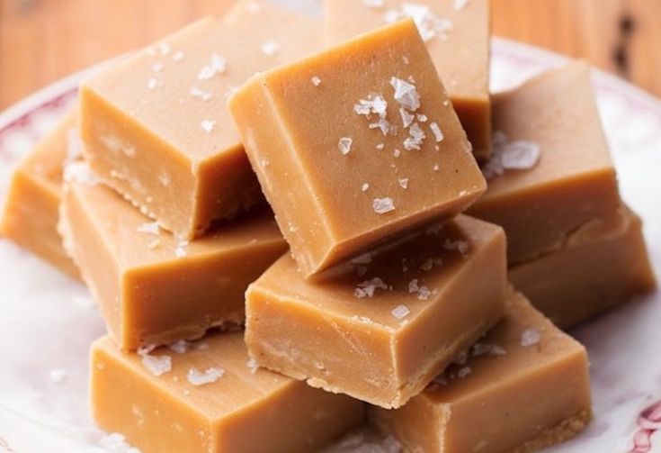 several pieces of caramel fudge on a plate with sea salt sprinkled on top