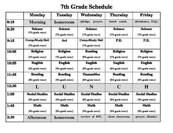 the 7th grade schedule is shown in black and white, as well as numbers for each class