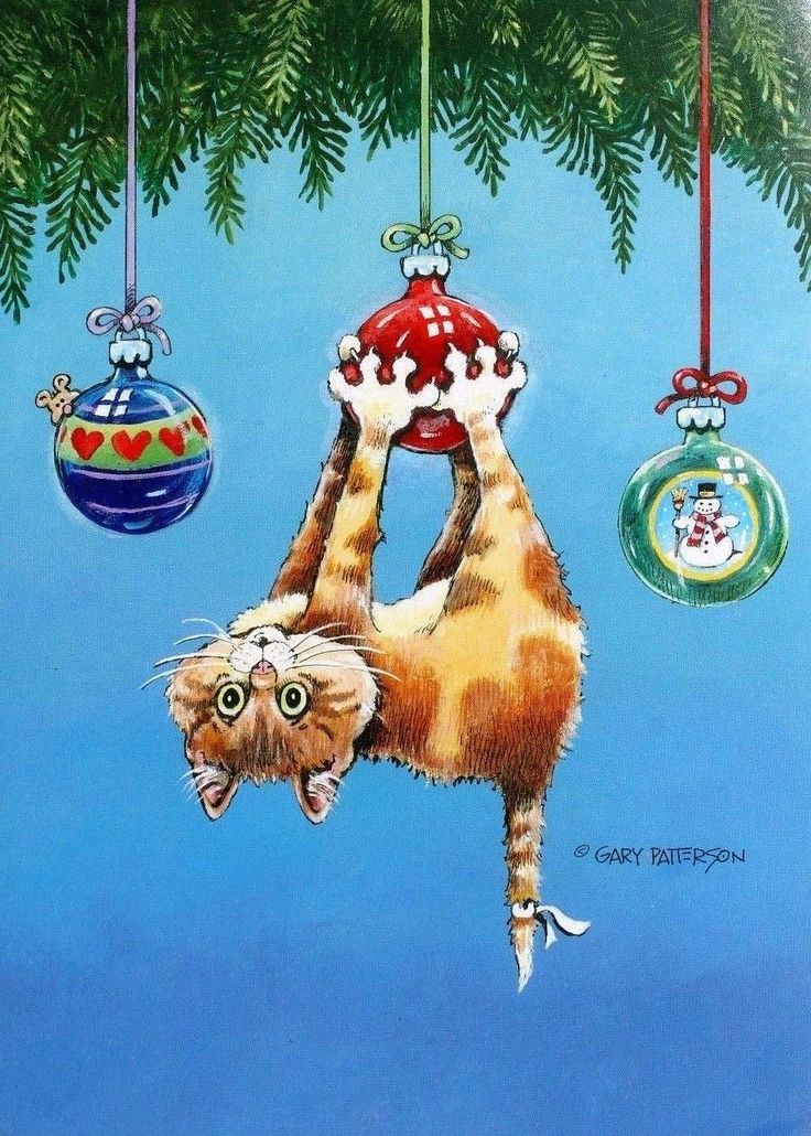 a painting of a cat hanging from a christmas ornament