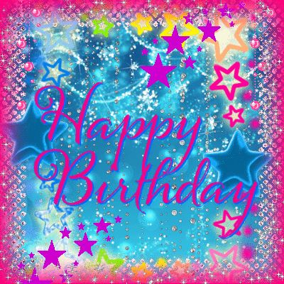 happy birthday card with stars and sparkles in pink, blue, yellow and purple