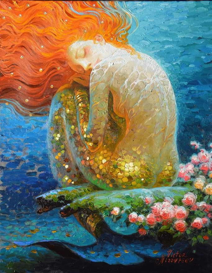 a painting of a mermaid sitting on top of a rock next to flowers and water