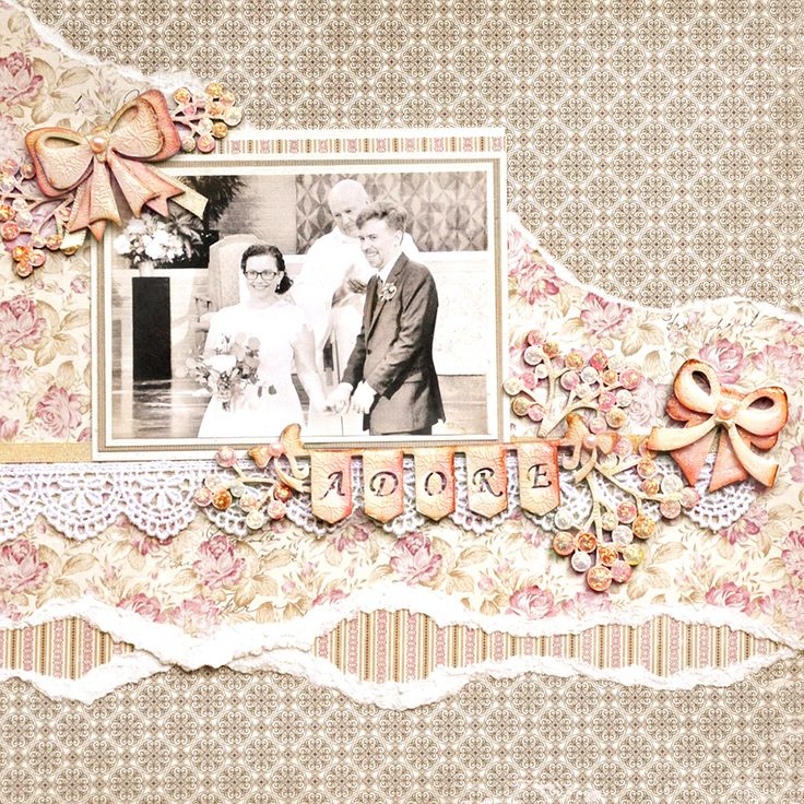 an old fashioned wedding photo is displayed on a lace doily with ribbons and bows