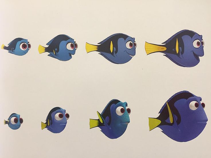 a group of blue and yellow fish with different facial expressions on their faces, in various poses