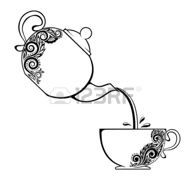 a teapot pouring water into a cup with paisley designs on the top and bottom