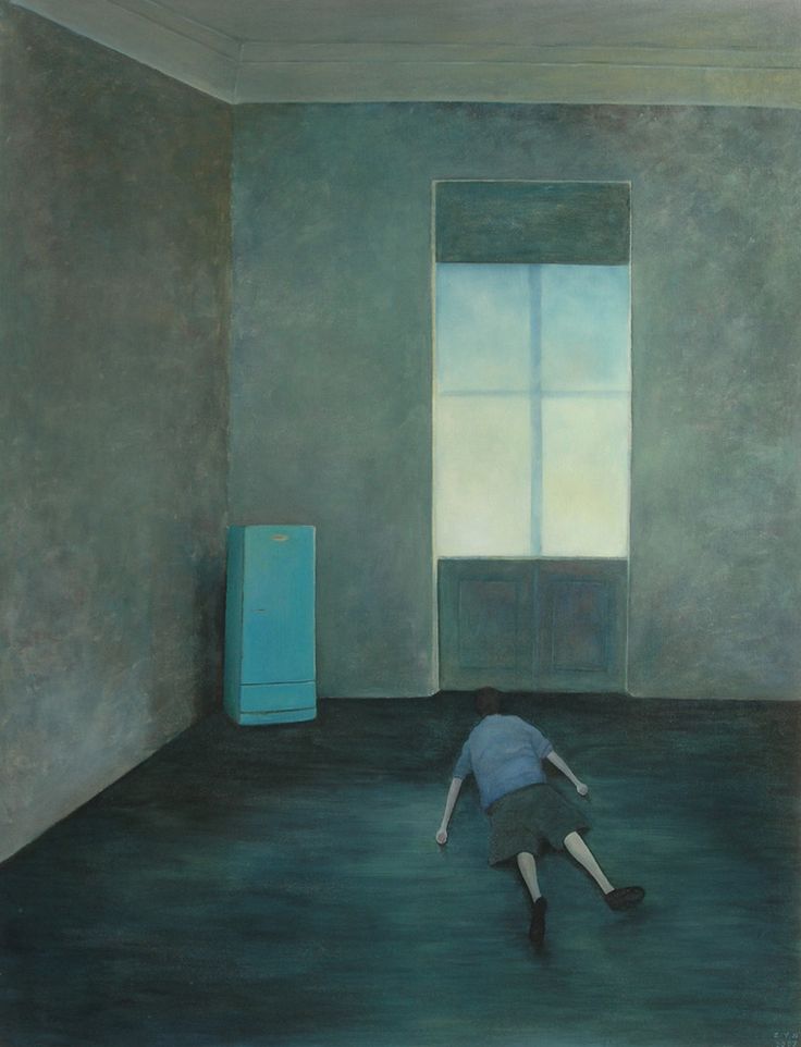 a painting of a person laying on the floor in an empty room