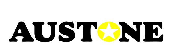 the word austone is written in black and yellow with a star at the bottom