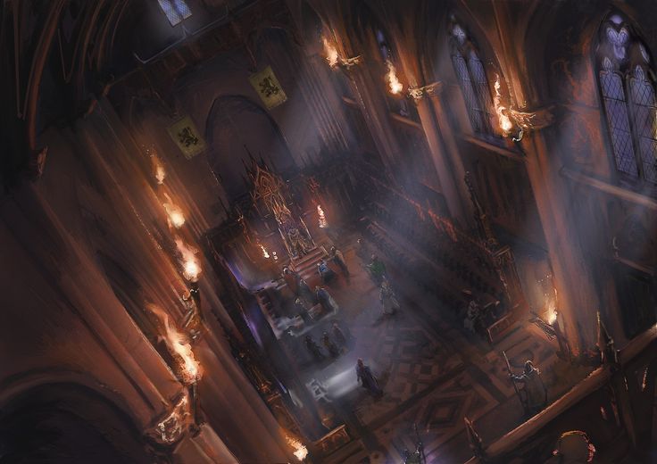 an aerial view of the interior of a gothic - style church with candles lit up