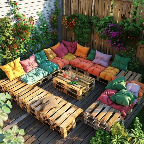 an outdoor seating area made out of pallets and wooden crates with pillows on them