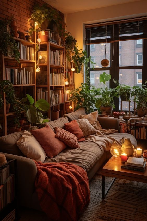 a living room filled with furniture and lots of plants