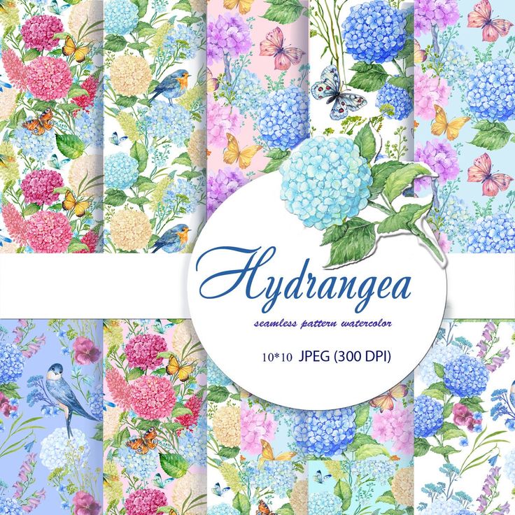 hydrangea digital paper pack with flowers and butterflies in pastel blue, pink, purple