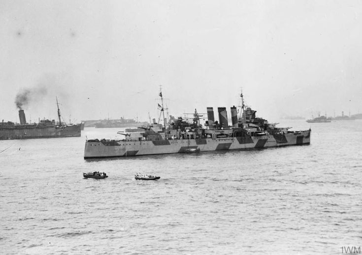 HMS DEVONSHIRE AND OTHER SHIPS AT FREETOWN. 14 APRIL 1942, FREETOWN HARBOUR, ON BOARD HMS ADAMANT.. HMS DEVONSHIRE at Freetown Harbour. Creator: Roper, F G (Lt) Source: © IWM (A 9603) Hms Agamemnon, Hms Prince Of Wales Battleship, Hmhs Britannic, Scharnhorst Battleship, Royal Navy Ships, Heavy Cruiser, Hms Vanguard Battleship, Naval History, Historical Pictures