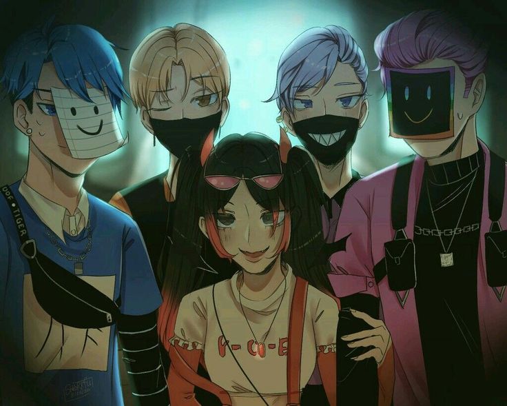 five people with different colored hair are standing in front of each other and one is wearing a face mask