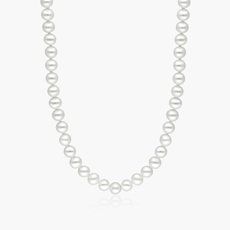 This elegant necklace features a single 18-inch strand of freshwater pearls, ranging in size from 6.0 to 7.0mm. The pearls are beautifully strung in a classic design and closed by a fish clasp with a standard tongue and groove locking mechanism. 14K white gold is a popular choice for jewelry because it is durable, affordable, and looks great. This necklace is a wardrobe essential that will never go out of style.aka Pearl Necklaces Elegant Cheap Single Strand Pearl Necklace, Classic Akoya Pearl Necklace, Classic Akoya Pearl Necklace In Pearl White, Classic Single Strand Pearl White Necklace, Classic Pearl White Necklace With Sterling Silver Clasp, Classic Single Strand Akoya Pearl Necklace, Classic Akoya Pearl Single Strand Necklace, Classic Pearl Necklace With Sterling Silver Clasp, Classic White Gold Pearl Necklace With Round Beads