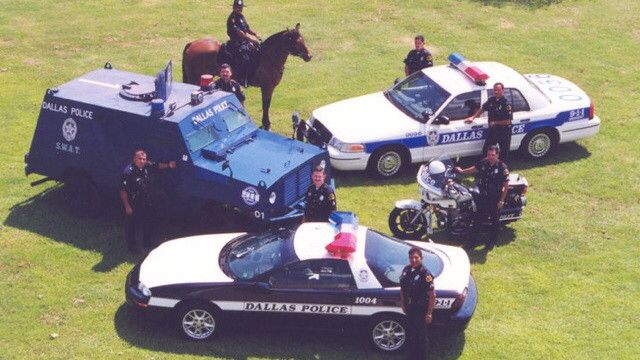 three police cars parked in the grass with two horses and one man on horseback next to them