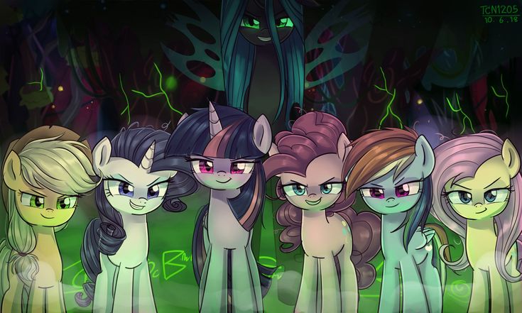 the group of ponys are standing together in front of some trees and grass with glowing eyes