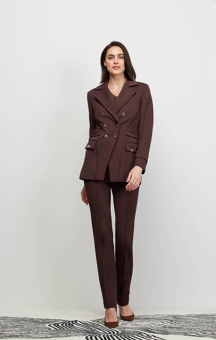 Warm up to fall in a textured Italian twill cutaway double-breasted jacket in luxe chocolate brown, featuring smooth Italian ponte trims and shiny nickel buttons for timeless elegance. Luxury Jacket, Twill Jacket, Double Breasted Jacket, Fine Fabric, Fall Collections, Spring Collection, Chocolate Brown, Flap Pocket, Shoulder Pads