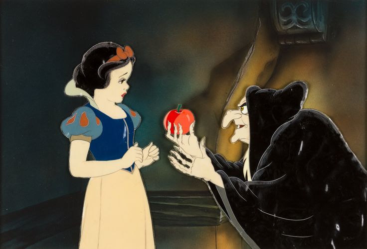 snow white holding an apple in front of a black bear with red apples on it