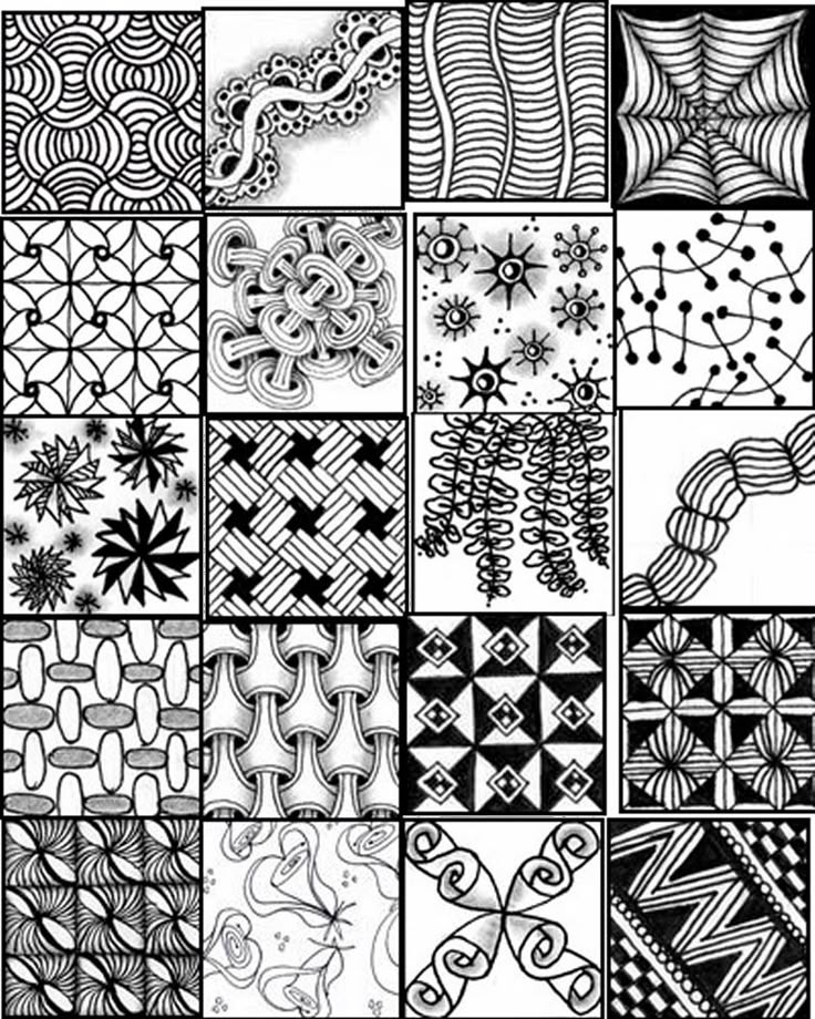 a black and white drawing of many different designs