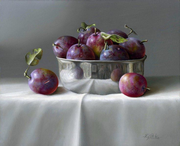 a painting of plums in a silver bowl