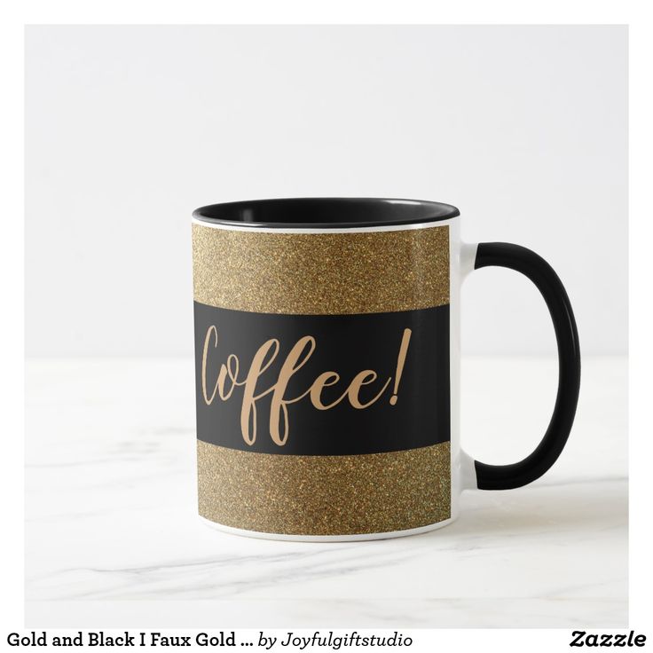 a black and gold coffee mug with the words coffee on it