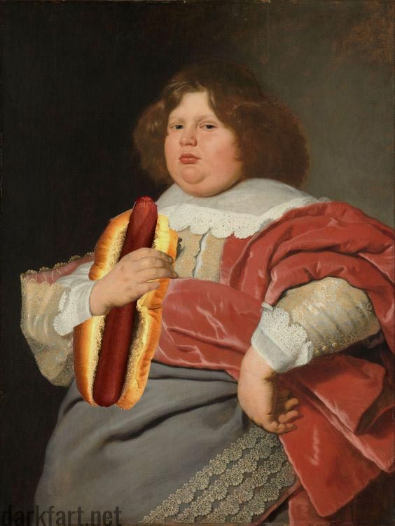 a painting of a boy holding a hot dog in his right hand and wearing a red dress