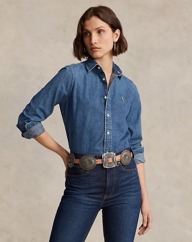 Straight Fit Denim Shirt | Ralph Lauren Madewell Fall, Ralph Lauren Denim Shirt, Wardrobe Shopping List, Fitted Denim Shirt, 28th Birthday, Straight Fit Denim, Style Mood Board, Ralph Lauren Slim Fit, Jean Shirt