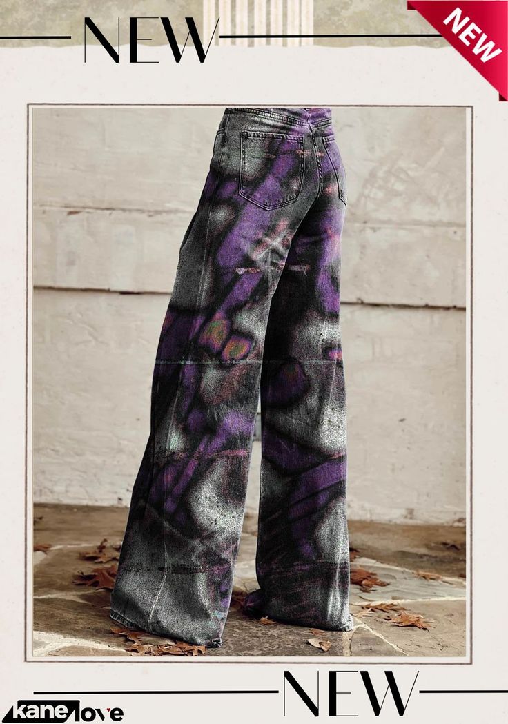 Women's Purple White Noise Print Casual Wide Leg Pants Trendy Baggy Purple Bottoms, Purple Baggy Pants For Fall, Purple Baggy Straight Leg Pants, Baggy Purple Bottoms For Fall, Purple Baggy Straight Leg Jeans, Baggy Mid-rise Wide Leg Pants For Fall, Baggy Purple Straight Leg Jeans, Baggy Straight Leg Purple Jeans, Casual Purple Bottoms For Fall