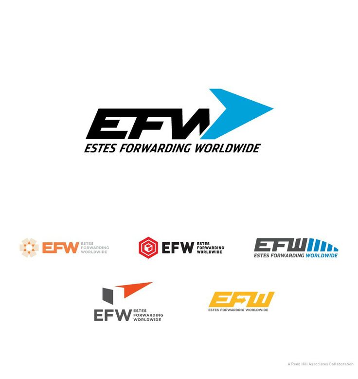 several different logos with the words efw and other letters on them, including an arrow