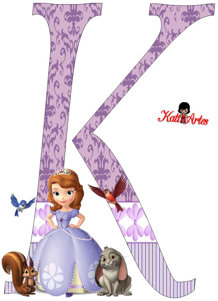 the letter k is decorated with princesses and animals