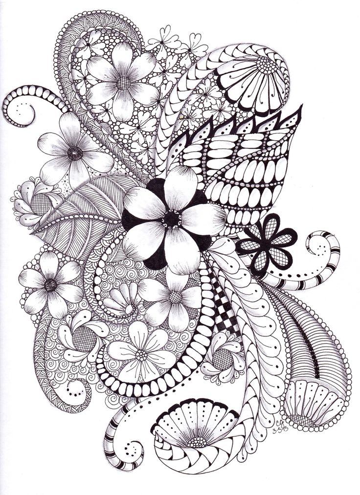 an intricate drawing with flowers and butterflies on it's back side, in black and white