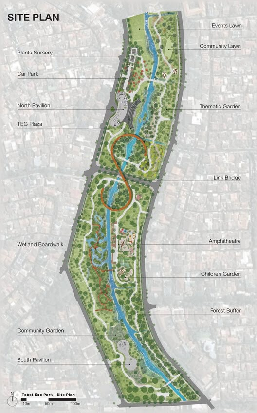 the site plan for an urban park, including a river and lots of green space