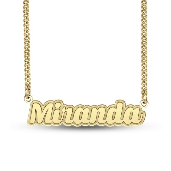 Gift her a sure-to-be-treasured fashion statement she'll want to wear with everything - this lovely personalized name necklace. Fashioned in your choice of sterling silver or sterling silver with 24K gold plate This design showcases her name - from three to nine characters in length with up to two uppercase letters - gleaming in a playful script font with shadow-like border. This name art suspends centered along a curb chain. The 20.0-inch necklace secures with a lobster claw clasp. Classic Gold Name Necklace, Nameplate Necklace As Gift For Her, Elegant Customizable Name Necklace Gift For Her, Elegant Customizable Name Necklace As Gift For Her, Gold Plated Nameplate Necklace For Anniversary, Elegant Customizable Gold Plated Name Necklace, Customizable Classic Name Necklace, Gold Name Necklaces For Anniversary, 14k Gold Engraved Name Necklace Gift For Her