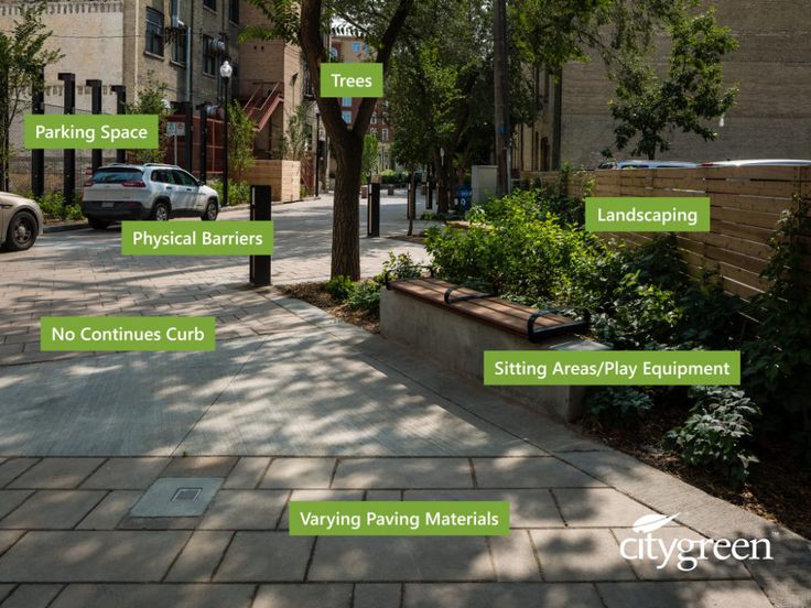 a city street with trees, benches and parking spaces labeled in green letters on the sidewalk