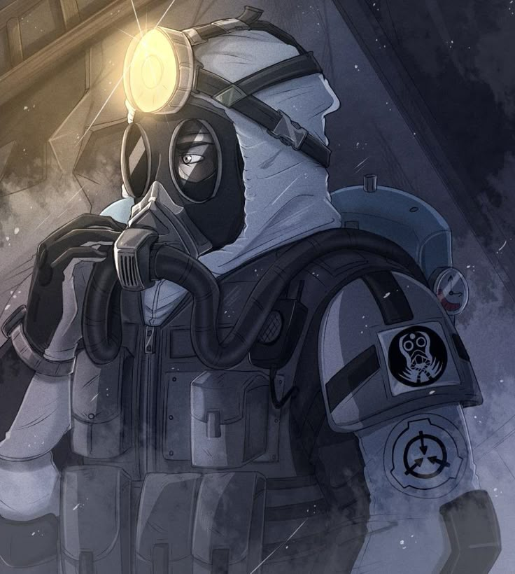 a man in a space suit with a light on his head and gas mask over his face