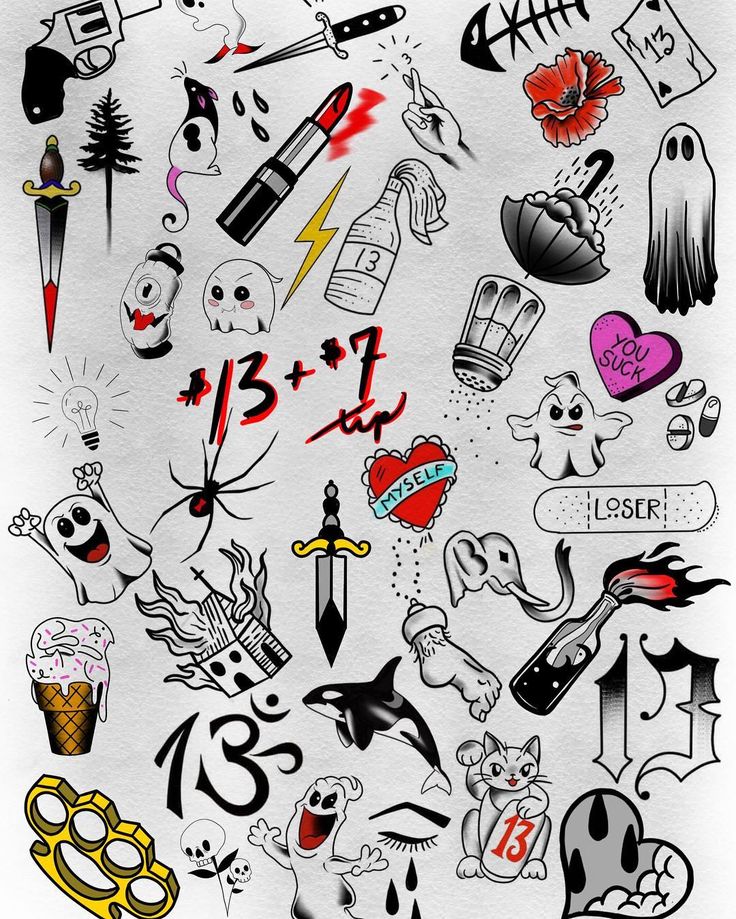 a bunch of different tattoos on a piece of paper with the numbers thirteen and eight