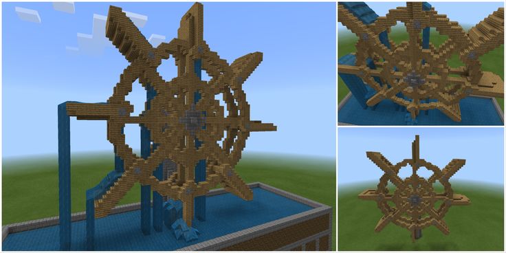 four different views of an intricate wooden structure