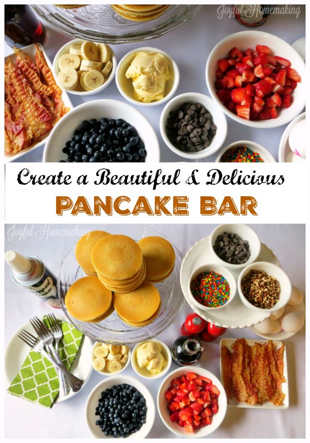 the pancake bar is full of pancakes, berries and other desserts to be eaten