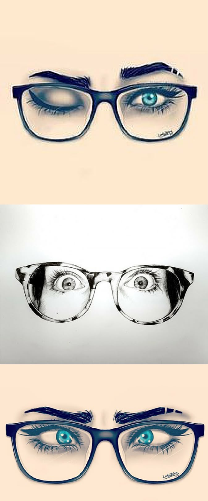 three different images of glasses with blue eyes