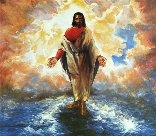 a painting of jesus standing in the water