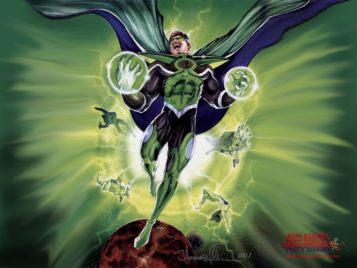 the green lantern is flying through the air with his arms outstretched and hands out in front of him