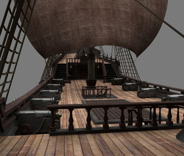 the interior of a pirate ship with tables and benches