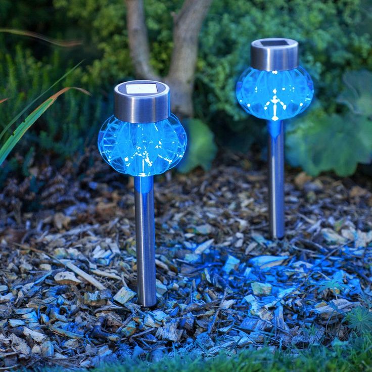 two solar powered lights sitting on top of the ground next to some grass and trees