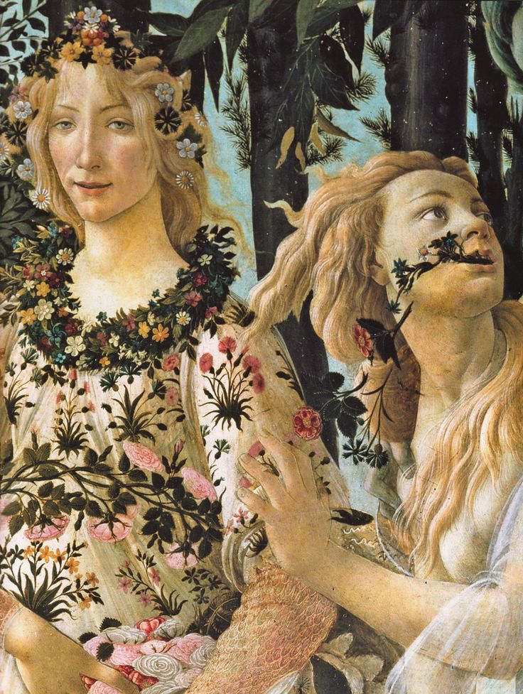 the painting depicts two women with flowers in their hair, and one is holding a bird