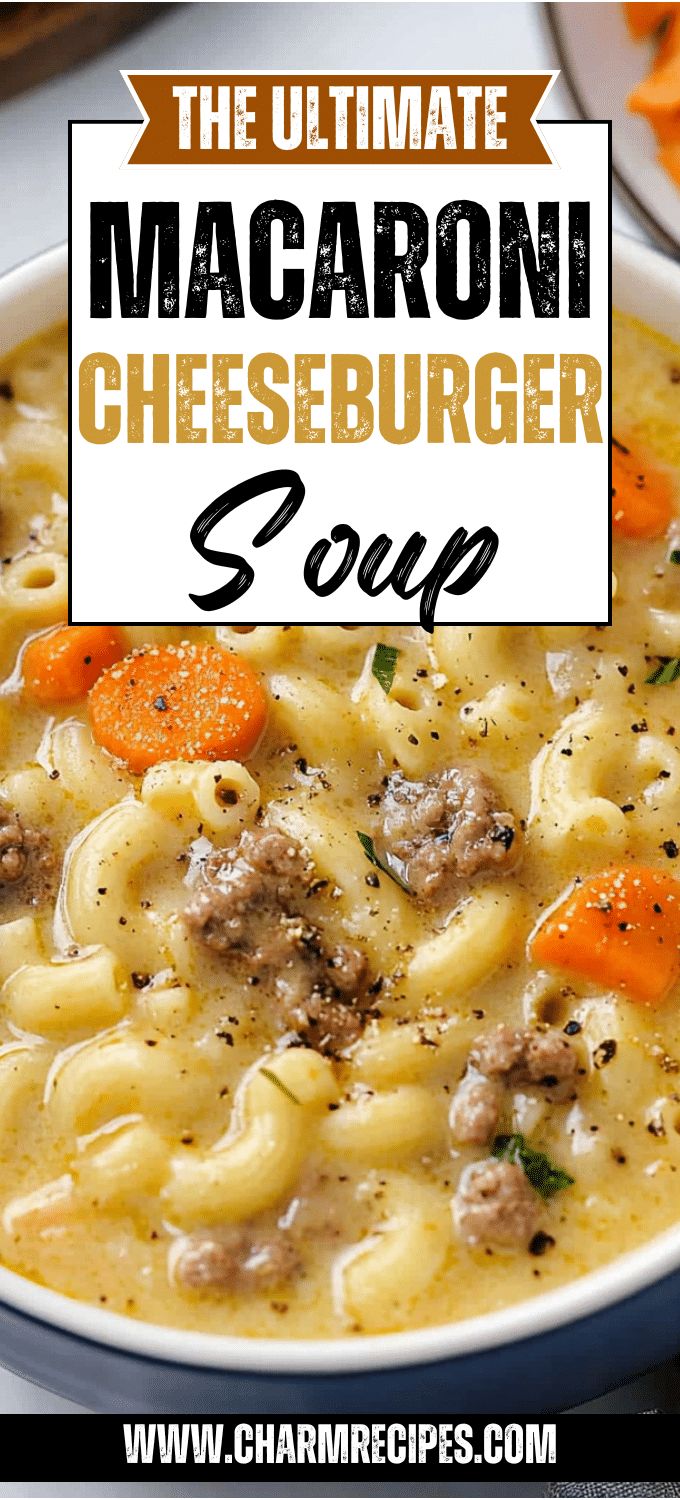 the ultimate macaroni and cheeseburger soup is in a bowl with carrots