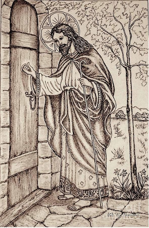 a drawing of jesus knocking the door to his home