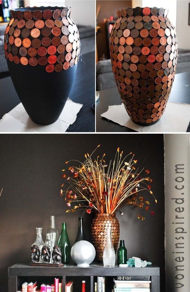 several pictures of different vases with coins in them