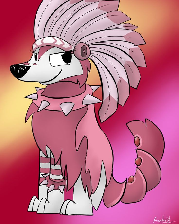 a drawing of a red and white dog with feathers on it's head, sitting in front of a pink background