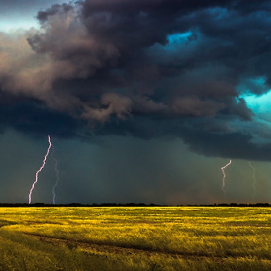 lightning strikes in the sky over an open field