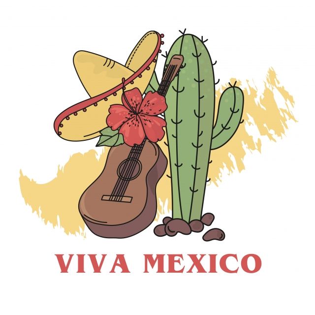 a guitar, cactus and sombrero with the word viva mexico written below it